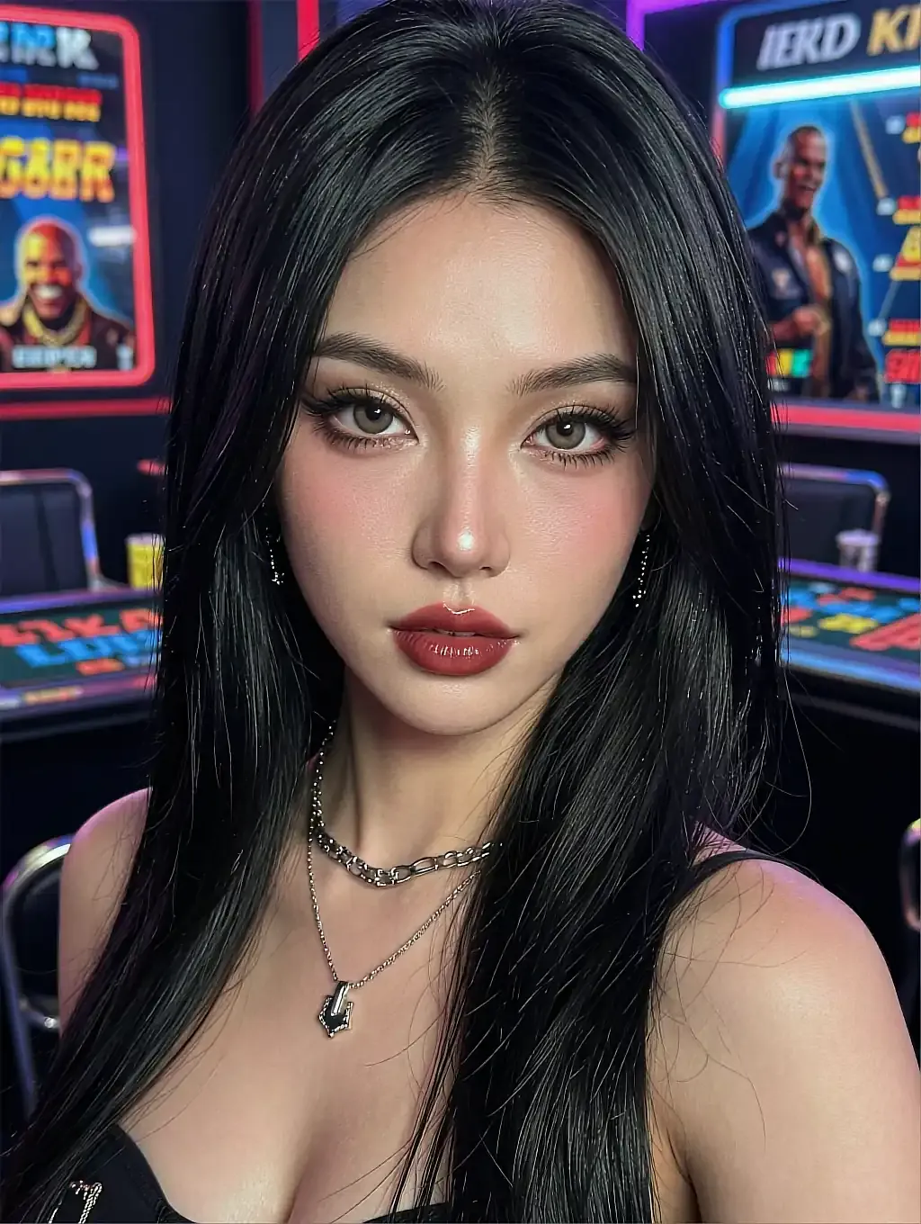 Fictional AI character with dark hair under arcade lighting, used in the app comparison