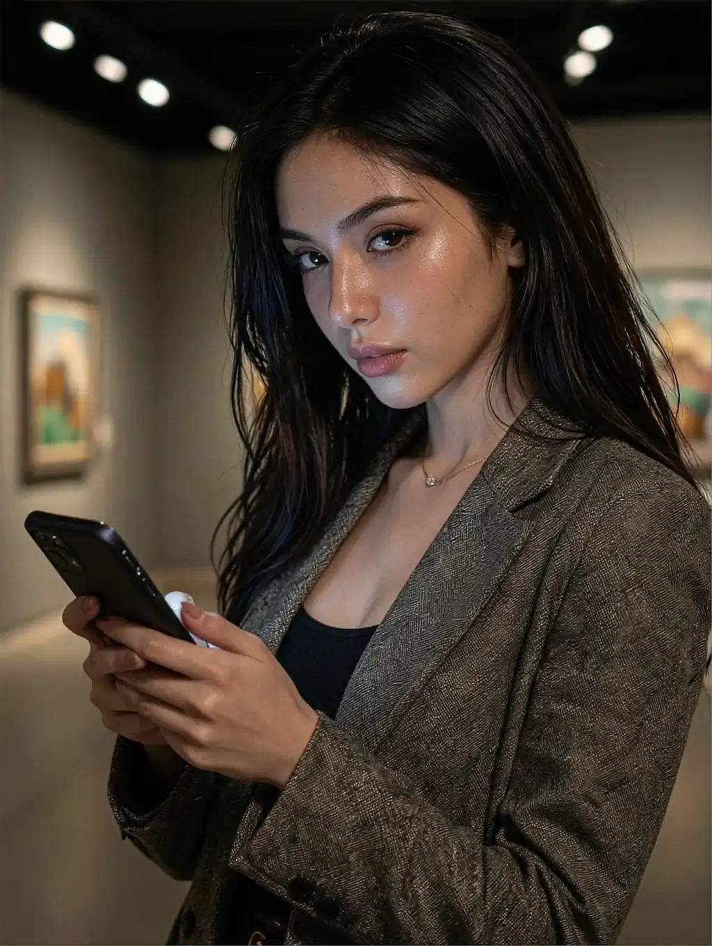 Kennedy, a fictional AI character messaging from her phone in a dim room, plate for the app comparison