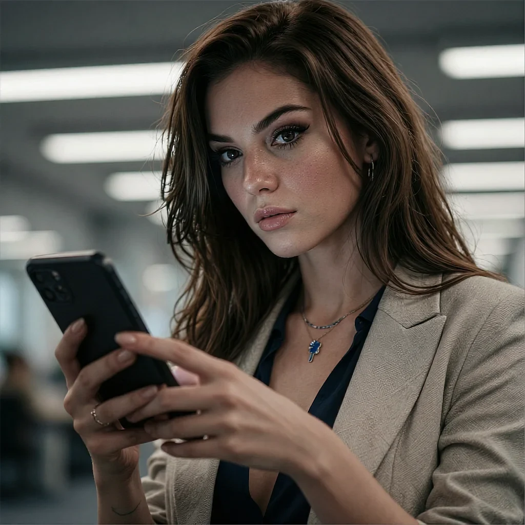 Round avatar of a fictional AI character holding her phone in a bright office