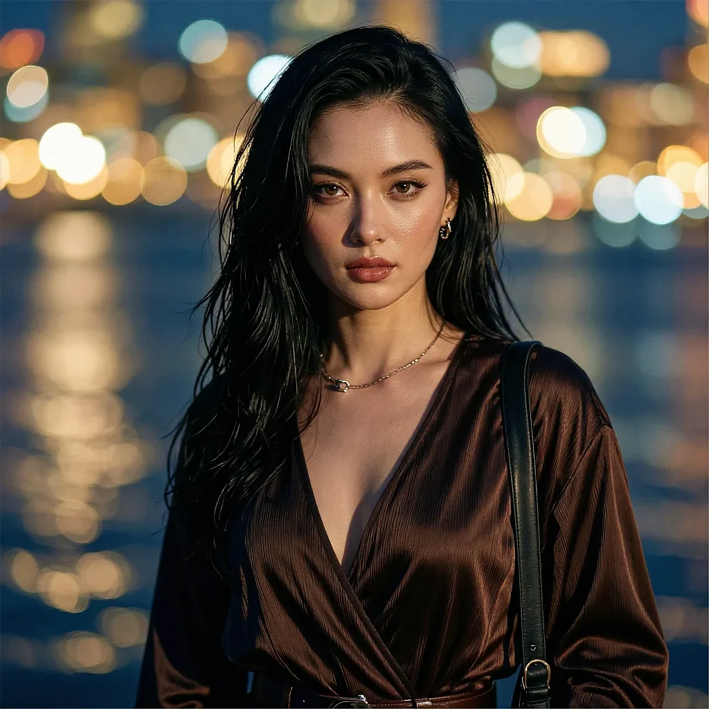 Round avatar of a fictional AI character in brown silk against city bokeh at night
