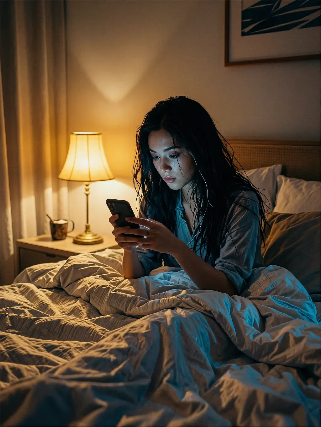 Barbara, a fictional AI character, in bed at night with her phone and one lit lamp