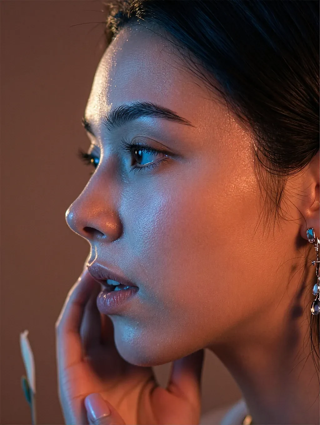 Daisy, a fictional AI character in warm close-up, looking away from the camera