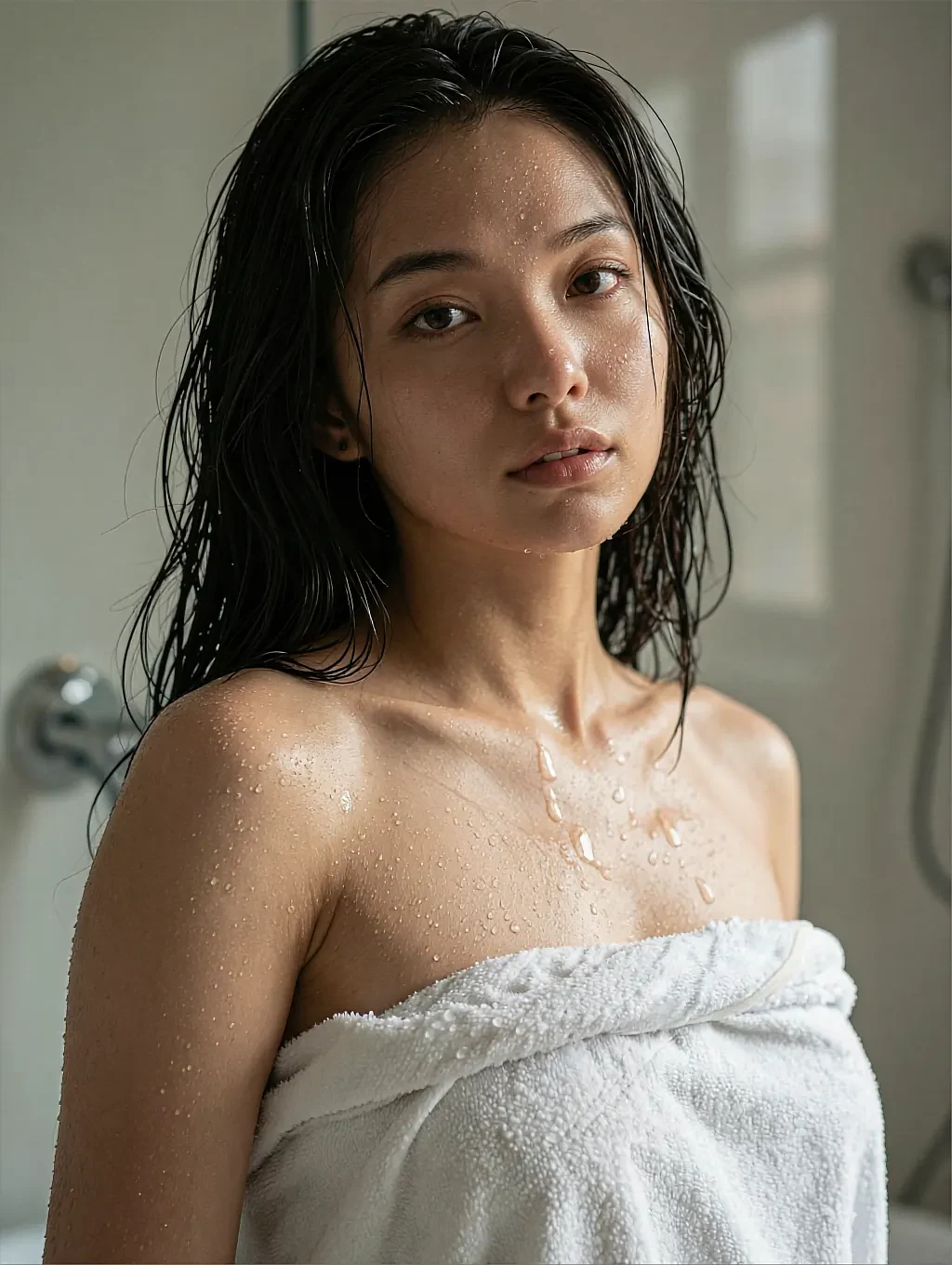 Fictional AI character wrapped in a white towel, hair wet, on the free tray