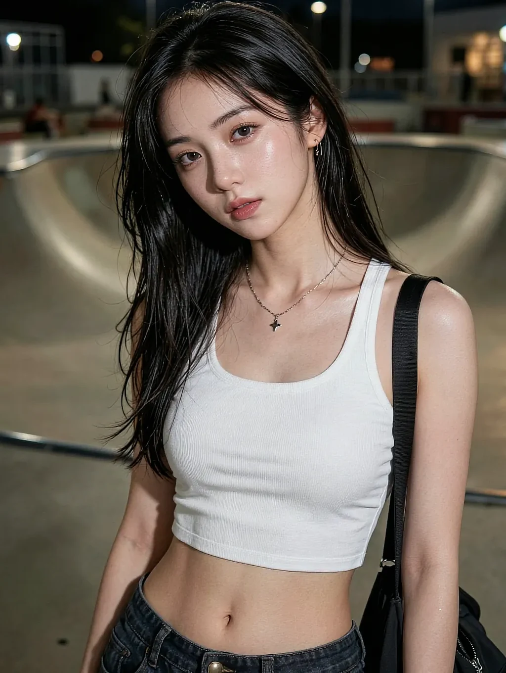 Fictional AI character in a white vest top, photographed indoors on the free tray