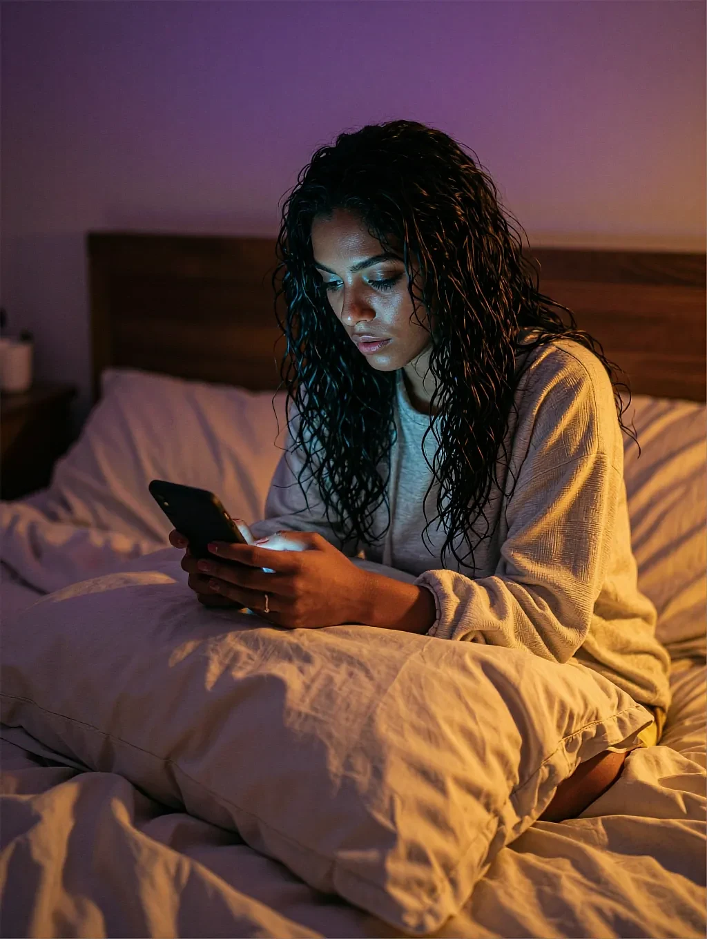 Daisy, a fictional AI character texting from bed under a warm lamp on the free sexting route