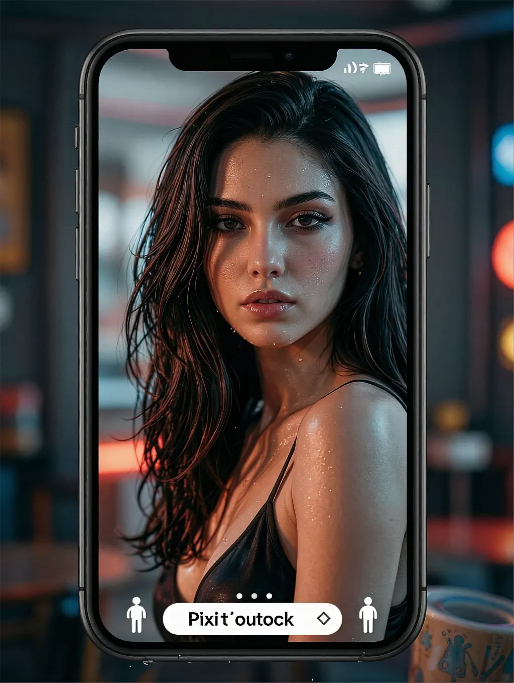 A phone held up showing a fictional AI character's picture inside a chat thread