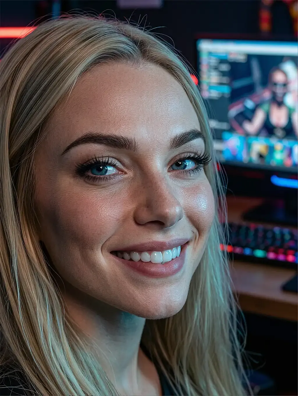 Blonde fictional AI character smiling in front of lit screens, a frame she might send