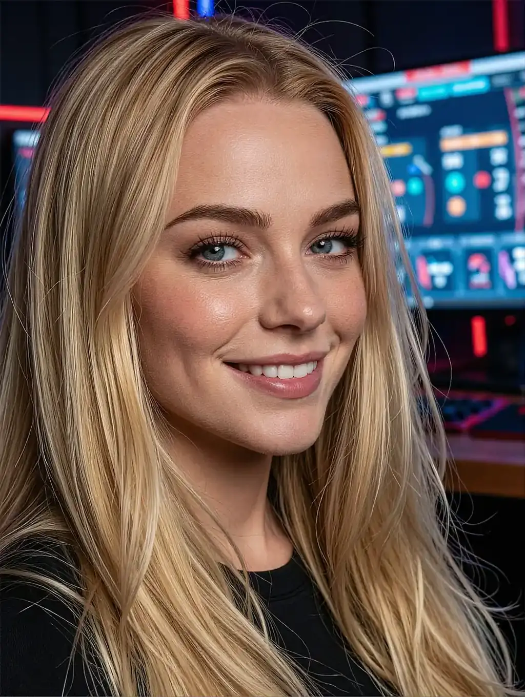 Blonde fictional AI character in warm screen light, a second frame she might send